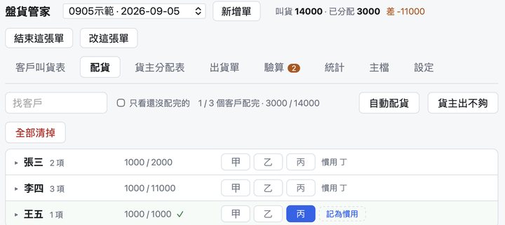 盤貨管家的配貨畫面：一張單裡的客戶叫貨量、已分配量與差額（示範資料）